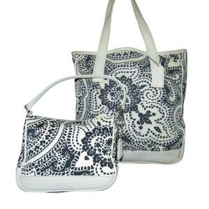 COACH Vintage Black & White Paisley Print Canvas & Leather Tote & wristlet